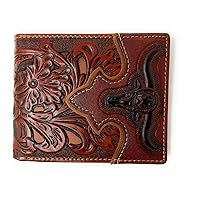 Texas West Western Mens Leather Longhorn Floral Tooled Laser Cut Lone Star Short Wallet (Brown/Red)