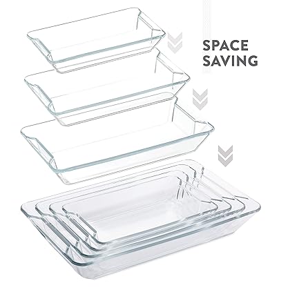 Superior Glass Casserole Dish Set - 4-Piece Rectangular Bakeware Set, Modern Unique Design Glass Baking-Dish Set - Grip Handles for Easy Carry from Hot Oven To Table, Nesting for Space-Saving Storage.