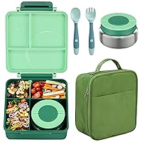 Bento Lunch Box Set for Kids with 8oz Soup Thermo, Leak-Proof Lunch Containers with 4 Compartment, Kids Thermo Hot Food Jar and Insulated Lunch Bag for Kids to School-Green