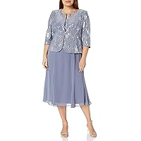 Alex Evenings Women's Size Tea Length Button-Front Jacket Dress, Steel Blue Plus, 18 Plus