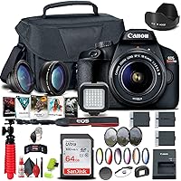 Canon EOS Rebel T100 / 4000D DSLR Camera with 18-55mm Lens, 64GB Card, Color Filter Kit, Case, Filter Kit, Photo Software, 2X LPE10 Battery, Light, Wide Angle Lens + More (Renewed)