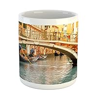 Ambesonne Venice Mug, Bridge and Traditional Gondola Canals of Famous Touristic City, Ceramic Coffee Mug Cup for Water Tea Drinks, 11 oz, Orange Blue