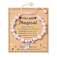 Little Girls Unicorn Initial Bracelet for Daughter/Granddaughter/Niece | Pink Pearl and Rhinestone Balls Bracelet | Adjustable Length | Suitable for Christmas and Birthday Gifts