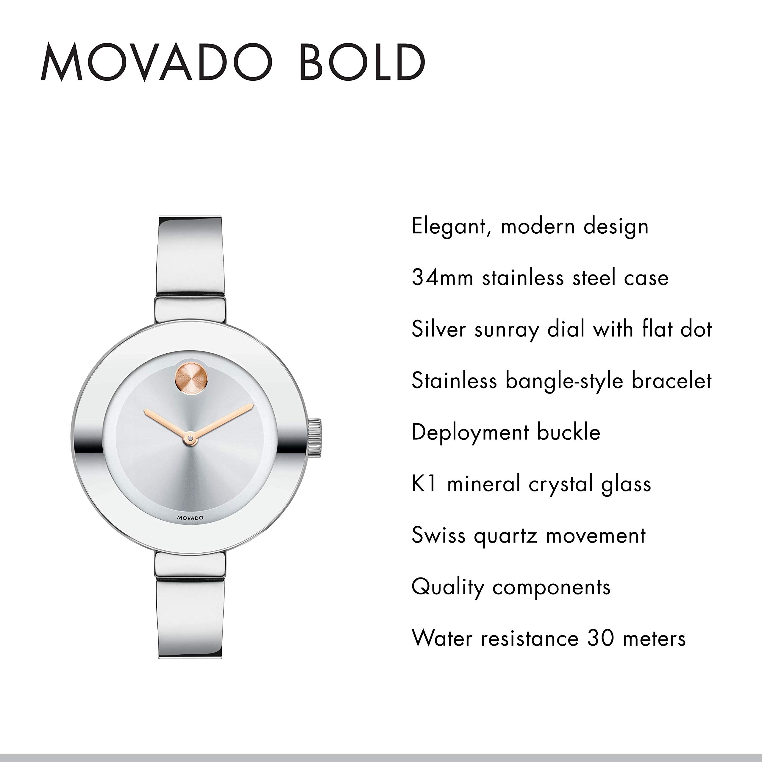 Movado Women's BOLD Bangles Stainless Steel Watch with Sunray Dial, Silver/Gold/Pink (Model 3600194)