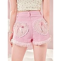 Jean Shorts Womens Contrast Lace Bow Decor Denim Shorts (Color : Pink, Size : X-Small)