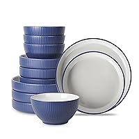 Christian Siriano Larosso 12-Piece Dinnerware Set with Dinner Bowls and Pasta Bowls, Stoneware, Dark Blue