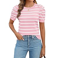 HAEOF Women's 2024 Spring Summer Trendy Striped Puff Short Sleeve Tops Crew Neck Sweaters Dressy Casual Lightweight T Shirts