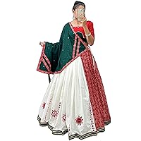 Gujarati Ghaghara Skirt Woman Designer Cotton Silk Navratri Special White Chaniya Choli Mirror work Garba Dress 1726 (XS)