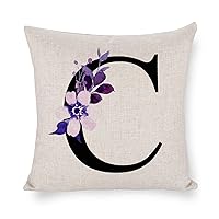 C Personalized Monogram Cotton Linen Throw Pillowcase for Sofa Bed Decorative Square Pillow Cover for Bedroom Living Room Balcony Porch Cushion Cover with Purple Floral Initial Letter Home Decor
