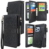 Harryshell Compatible with iPhone 13 Pro Max 6.7 inch 5G 2021 Wallet Case Detachable Magnetic Cover Zipper Cash Pocket Multi Card Slots Holder Wrist Strap Lanyard Floral Flower (Black)