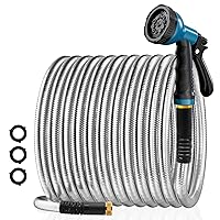 Garden Hose 50FT Stainless Steel Water Hose with 10 Functions Adjustable Spray Nozzle, Heavy-Duty Metal Garden Hose Flexible Durable No-Tangle & Kink Leak Dog Proof Hose for Yard Lawn(Blue)