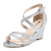 IDIFU Women's 3 Inch Strappy Wedge Sandals Open Toe Dressy Wedges For Women Black Nude Silver White Bridal Wedge Heels On Wedding Evening Summer