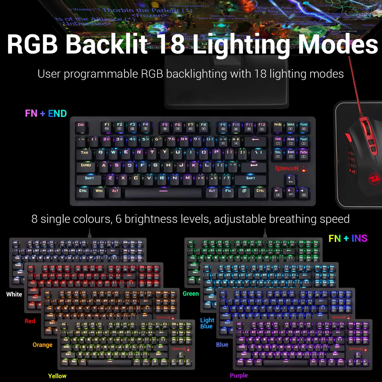 Redragon K598 TKL Wireless Mechanical Keyboard Brown Switches Compact 87 Key Tenkeyless RGB LED Backlit Gaming Keyboard for Windows PC Gamers