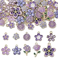 Airssory 40 Pcs 10 Style Purple Flower Theme Enamel Alloy Charms Mixed Shaped Floral Daisy Rose Cherry Blossom Frangipani Charms for DIY Jewelry Accessory