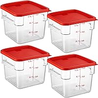 4 Pack Food Storage Container with Red Lid - NSF Commercial Grade in 6.0 Qt - Square, Clear, Polycarbonate