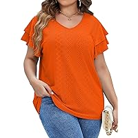 IN'VOLAND Womens Plus Size T Shirt V Neck Loose Fit Ruffle Sleeve Summer Hollow Casual Tops Blouse