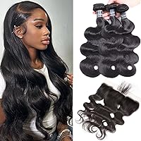 Body Wave Bundles with Frontal (16 18 20 +14 Frontal) Human Hair 3 Bundles with 13x4 Lace Closure Frontal Double Wefts Unprocessed Braziian Virgin Human Hair Bundles