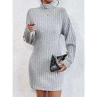 Women's Dress Turtleneck Drop Shoulder Ribbed Knit Dress Dresses for Women (Color : Light Grey, Size : Medium)