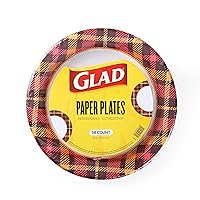 Glad Everyday Round Disposable Paper Plates with Warm Plaid Design - Heavy Duty Soak Proof, Cut-Resistant, Microwavable Paper Plates for All Foods & Daily Use - 10 Inches, 58 Count