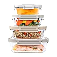 Bentgo®️ Glass Leak-Proof Food Storage Set - 8 Piece Stackable 1-Compartment Meal Prep Containers & Airtight Locking Lids, Reusable, BPA-Free, Microwave, Freezer, Oven, Dishwasher Safe (White Stone)