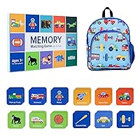 Wildkin 12-inch Backpack and Boys Memory Matching Game (72 pc) Bundle: Boost Memory Educational Card, and Comfortable Kids Backpack (Trains, Planes & Trucks)