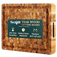 Yes4All Durable Teak Cutting Boards for Kitchen, [17''L x 13''W x 1.5” Thick] Medium End Grain Cutting Board, Pre Oiled Wood Cutting Boards, Thick Chopping Board w/Juice Grooves and Easy Grip Handle