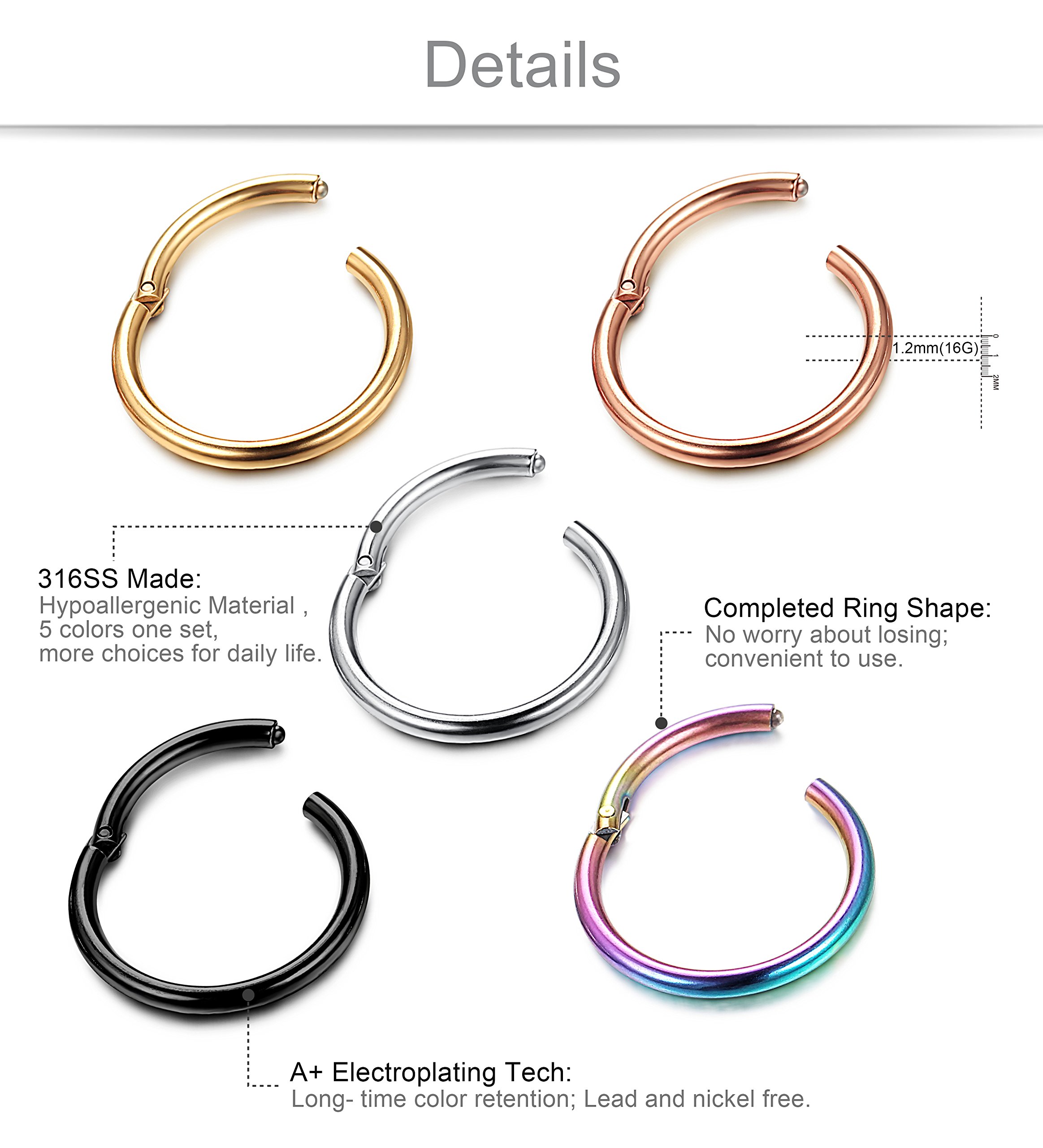 Jstyle 5 Pcs a Set 316L Stainless Steel Septum Piercing Nose Hoop Clicker Ring Hypoallergenic 16G 18G 20G