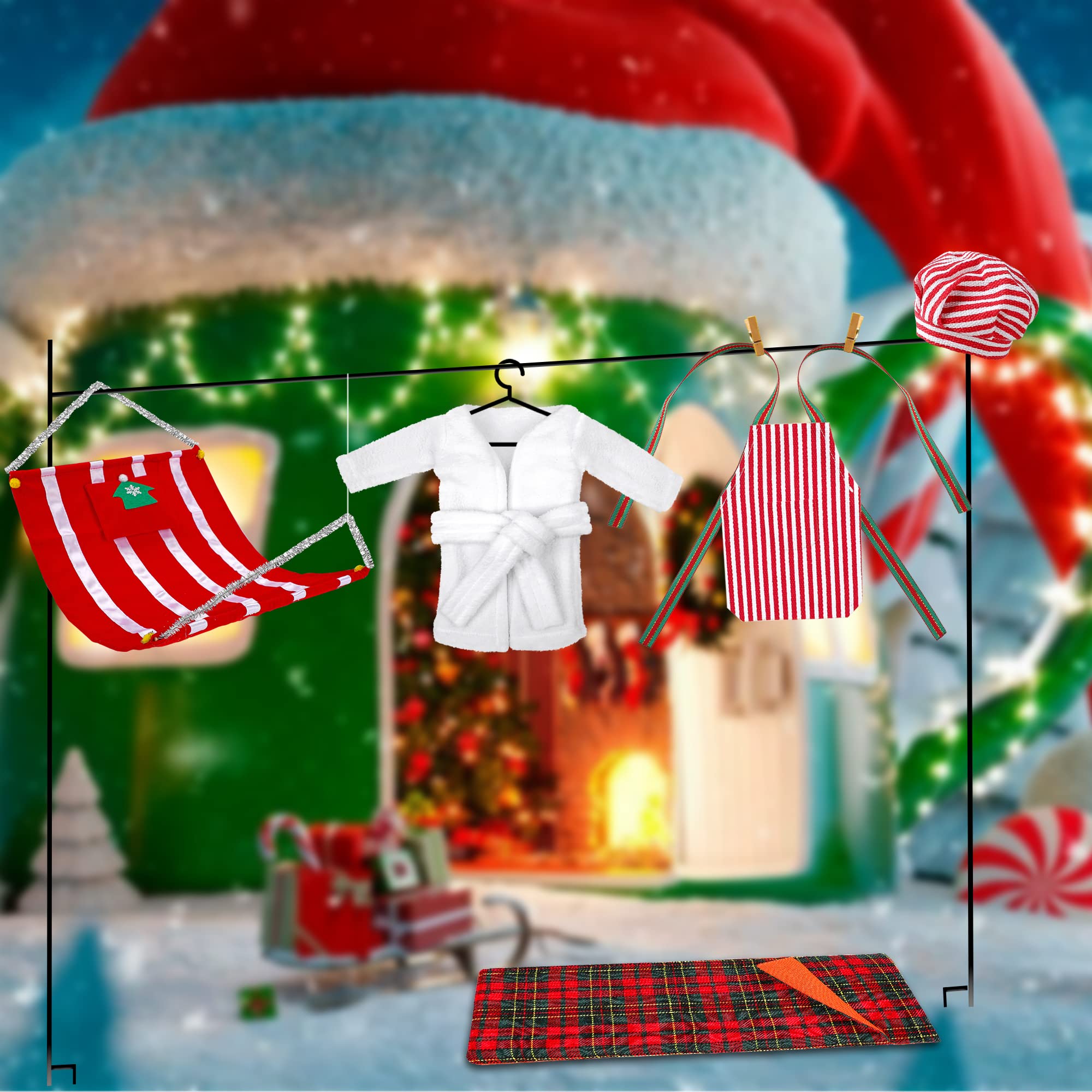 Erweicet Christmas Elf Doll Accessories Couture Accessories Set 5PCS Christmas Doll Clothing Costume Accessories for Elf Doll Including Bathrobe, Sleeping Bag, Hammock, Apron and Chef Hat