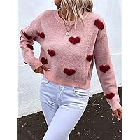 Sweaters for Women Heart Pattern Drop Shoulder Sweater Sweaters for Women (Color : Baby Pink, Size : Medium)