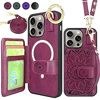 Harryshell Crossbody Magnetic Wallet Case for iPhone 15 Pro Max Compatible with MagSafe Wireless Charging Protective Phone Cover Card Slots Holder Kickstand Wrist Strap (Floral Wine Red)