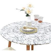 Indoor Outdoor Patio Round Fitted Vinyl Tablecloth, Flannel Backing, Elastic Edge, Waterproof Wipeable Plastic Cover, White Marble Pattern for 10-Seat Table of 57-72’’ Diameter