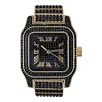 Techno Pave Men's 45mm Square Iced Diamond Watch - Fully Iced Case & Roman Dial - Bling Out Adjustable Strap - 14k Gold, Silver, Two-Tone, Gun Finish - Options