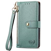 Wallet Case Compatible with Google Pixel 8a, RFID Blocking Zipper Pocket Purse Love PU Leather Kickstand Wrist Strap Phone Case with 7 Card Slot (Green)