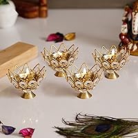 Set of 4 Lotus Shape Crystal Tea Light Holder, White and Gold, One Size (CRYS125_SO4)