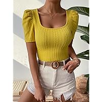 Women's T-Shirt Solid Square Neck Puff Sleeve Tee T-Shirt for Women (Color : Yellow, Size : X-Small)