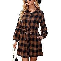 Blooming Jelly Womens Plaid Dress Flannel Puff Sleeve Dress Button Down Casual Dresses for Women 2023 with Pockets