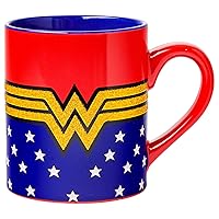 Silver Buffalo Wonder Woman Logo Wrap Around with Stars Ceramic Mug Glitter 14 Ounces