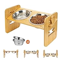 Toozey Elevated Dog Bowls for Small Dogs and Cats, 6 Adjustable Heights Raised Dog Bowl, Elevated Dog Bowl Stand with 3 Stainless Steel Dog Food and Water Bowls, 15° Tilted Bamboo Elevated Cat Bowls