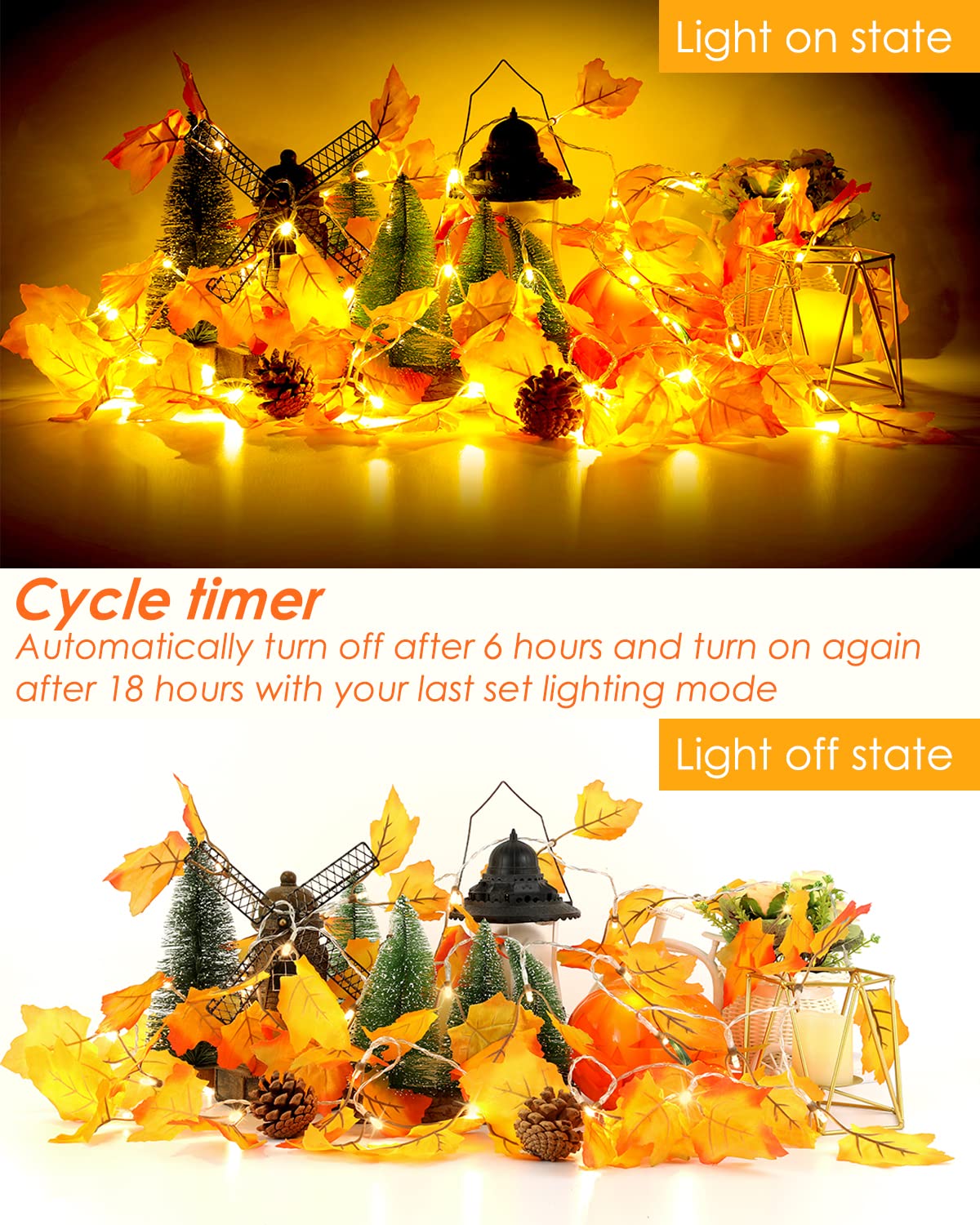 [8 Lighting Modes & Timer] Thanksgiving Decorations for Home Maple Leaf Garland with Lights 40LED Battery Operated Waterproof String Lights, Fall Decor Indoor Halloween Friendsgiving Autumn