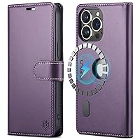 Magnetic Case Logo View for iPhone 14 Pro Max with RFID Blocking Credit Card Holder, [Compatible with MagSafe] PU Leather Flip Kickstand Women Men for iPhone 14 Pro Max Phone case(Purple)