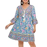 Women's Plus Size Boho Dress Floral V Neck Tassel Bell Sleeve Casual Summer Beach Flowy Mini Dress
