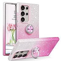 GUAGUA Compatible with Samsung Galaxy S24 Ultra Case 6.8 Inch, Glitter Sparkle Bling Design with Ring Holder Kickstand Shockproof Protective Phone Case Samsung S24 Ultra for Girls Women, Gradient Pink