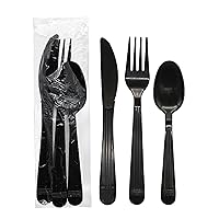 Party Essentials Individually Wrapped Black Plastic Cutlery Packets/Heavy Duty Silverware Kits, Fork/Spoon/Knife, 50 Sets