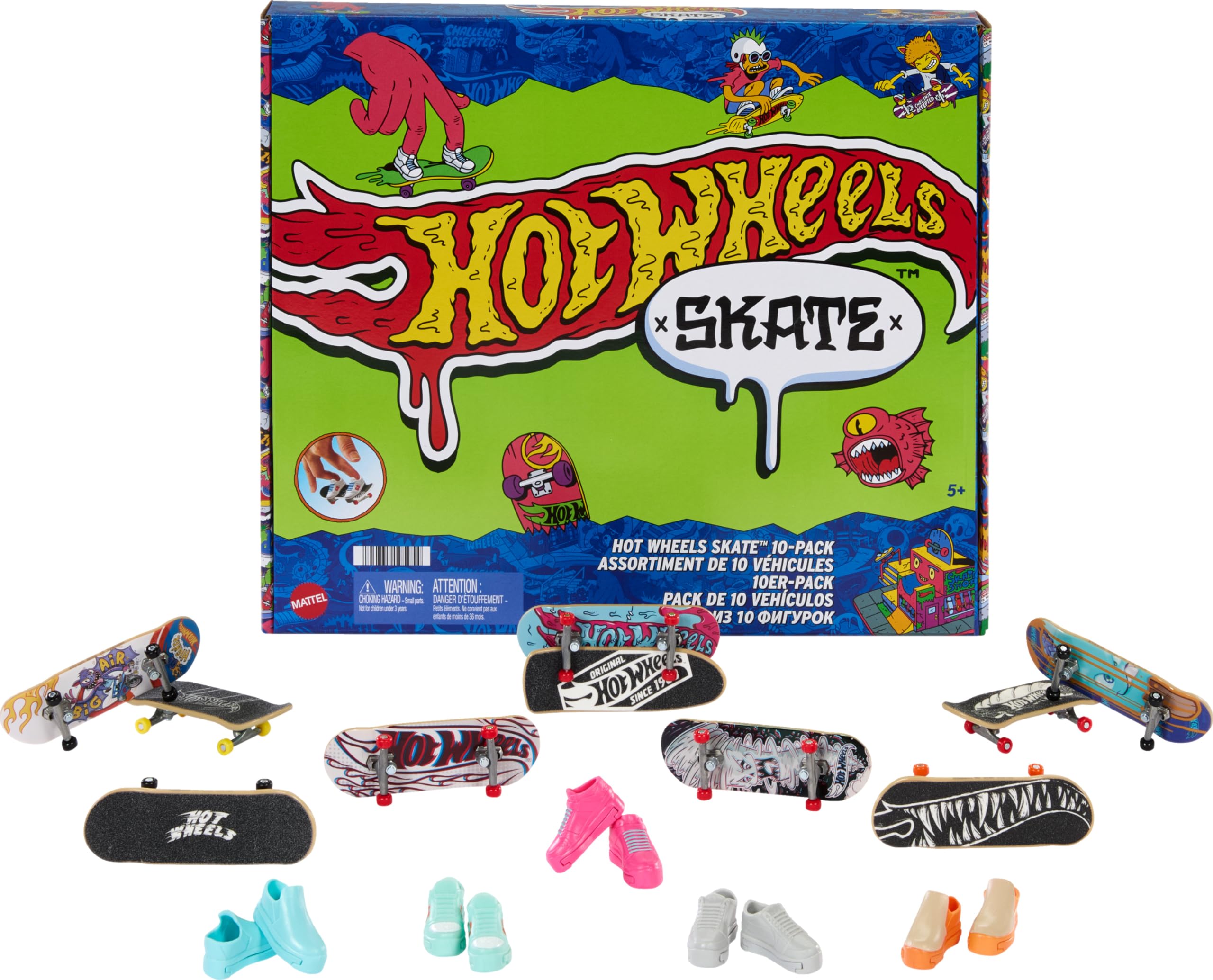 Hot Wheels Skate Fingerboards 10-Pack, Set of 10 Finger Skateboards with 5 Pairs of Removable Skate Shoes Themed Graphics (Amazon Exclusive)