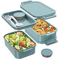 Bento Box Adult Lunch Box - 72oz Stackable Bento Lunch Box for Adults, 3 Layers All-in-One Large Bento Box Leak-Proof Lunchbox with Utensil Sauce Dressing Containers for Dining Out,Work, Green