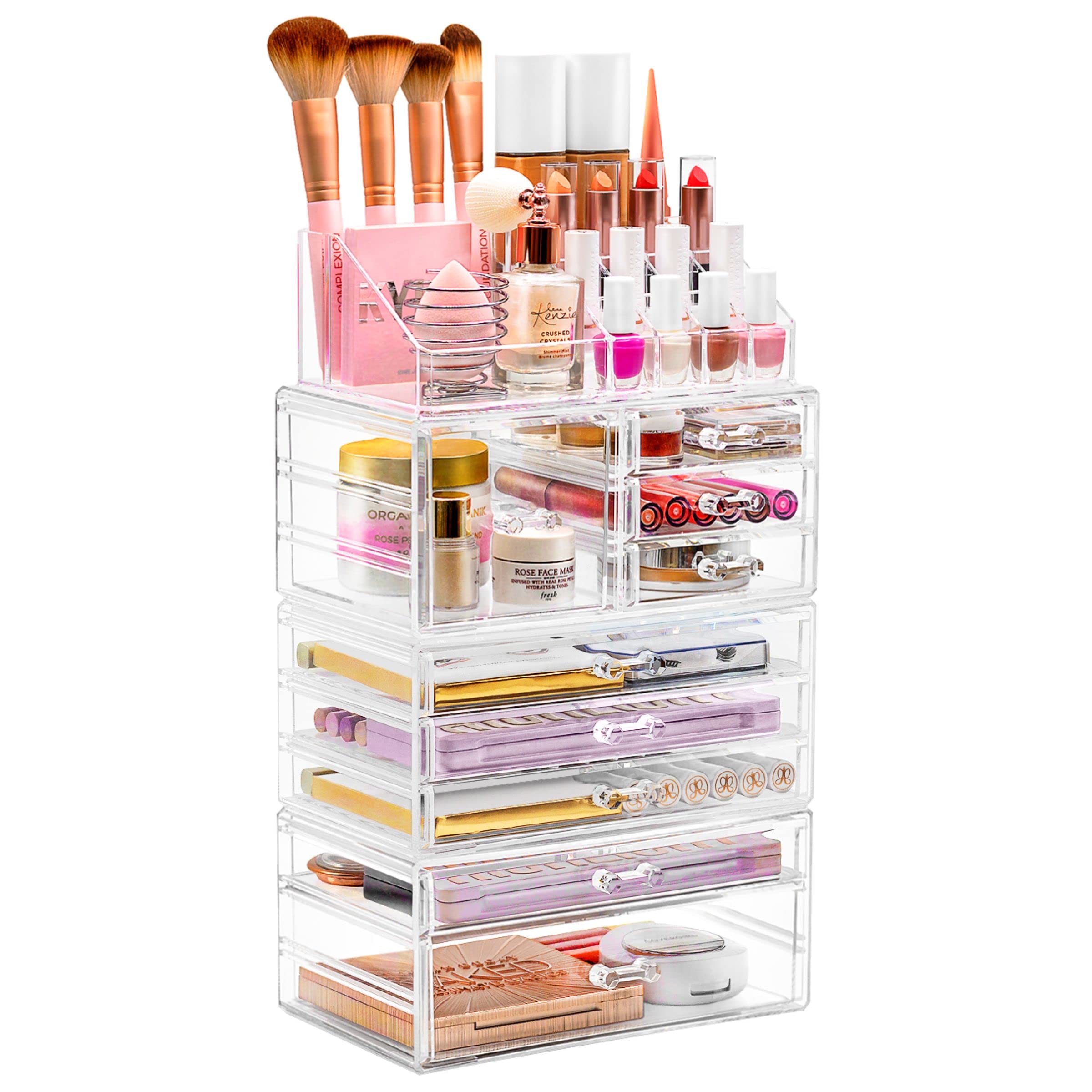 Sorbus Large Clear Makeup Organizer - Detachable 4-Piece Jewelry & Make Up Organizers and Storage Set - Spacious Cosmetic Display Tower - Makeup Organizer for Vanity, Bathroom, Dresser & Countertop