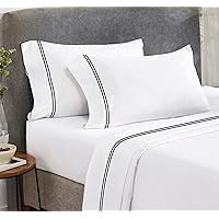 California Design Den Luxury 4 Piece Queen Size Sheet Set - 100% Cotton, 600 Thread Count Deep Pocket Fitted and Flat Sheets, Hotel-Quality Bedding with Sateen Weave - White Embroidered Navy