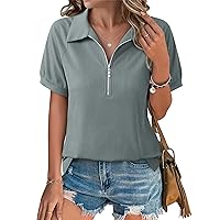 Vivilli Women's Short Sleeve Tops and Blouses Business Casual Collared Tunic Shirt with Zipper