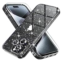 Choiche Compatible for iPhone 15 Pro Max Case, Women Cute Clear Glitter Bling Sparkly Case, [3 x Diamond Camera Lens Protectors] [2 x Tempered Glass Screen Protectors] 6.7-inch (Glitter Black)