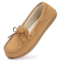 HomeTop Women's Moccasins House Slippers Indoor Outdoor Suede Faux Fur Rubber Sole Memory Foam House Shoes Sizes Breathable Microsuede Soft Home Slippers